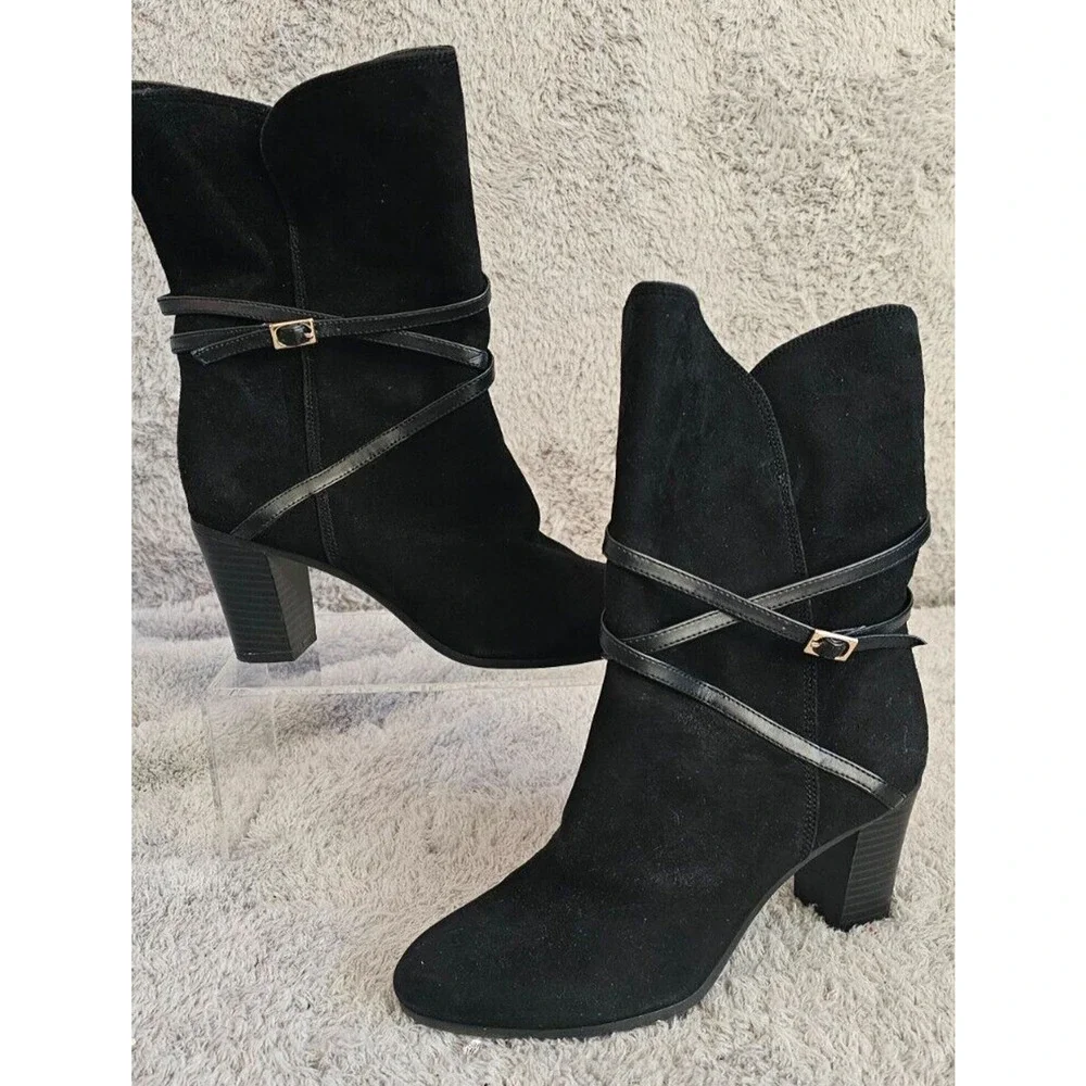 Isaac‎ Mizrahi Scooter Black Suede Leather High Ankle Heeled Boots Womens 6.5M